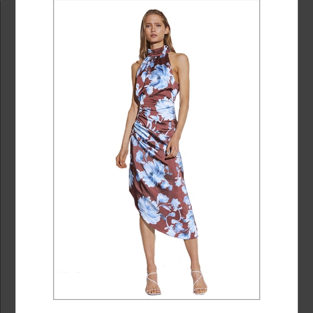 C/MEO in Bloom floral mahogany & blue midi dress